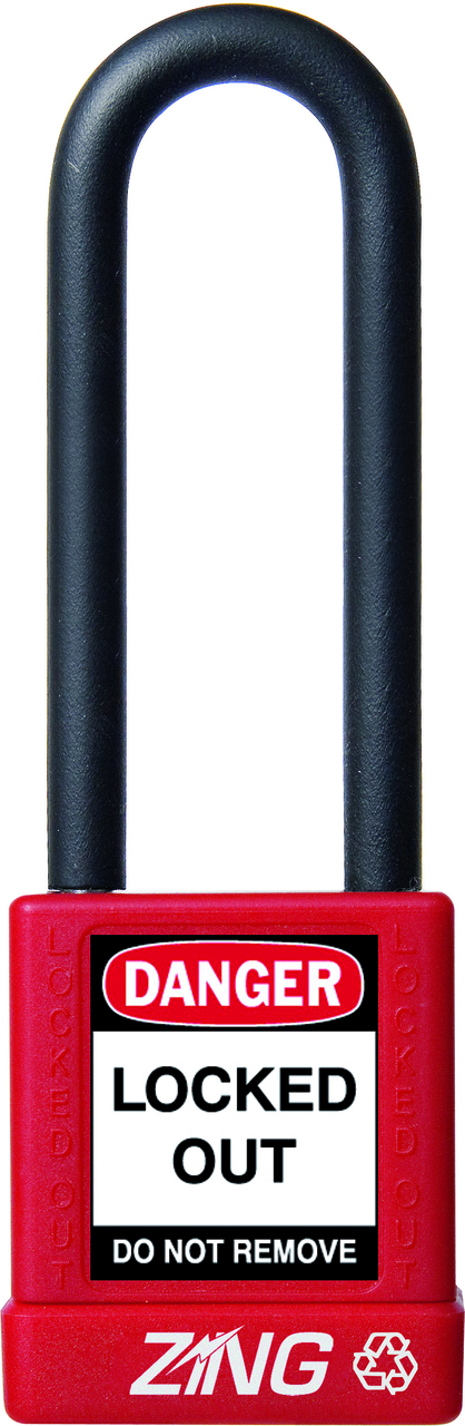 ZING RecycLock Safety Padlock, Keyed Alike, 3" Shackle, 1-3/4" Body, Red