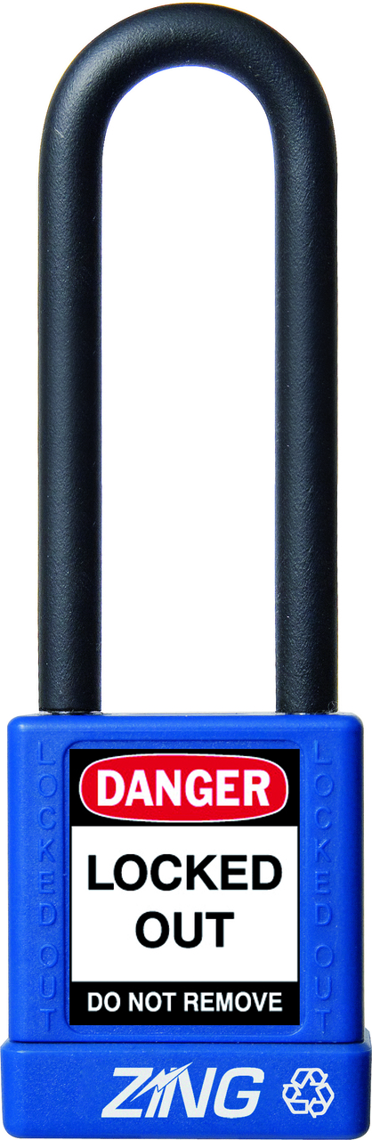 ZING RecycLock Safety Padlock, Keyed Alike, 3" Shackle, 1-3/4" Body, Blue