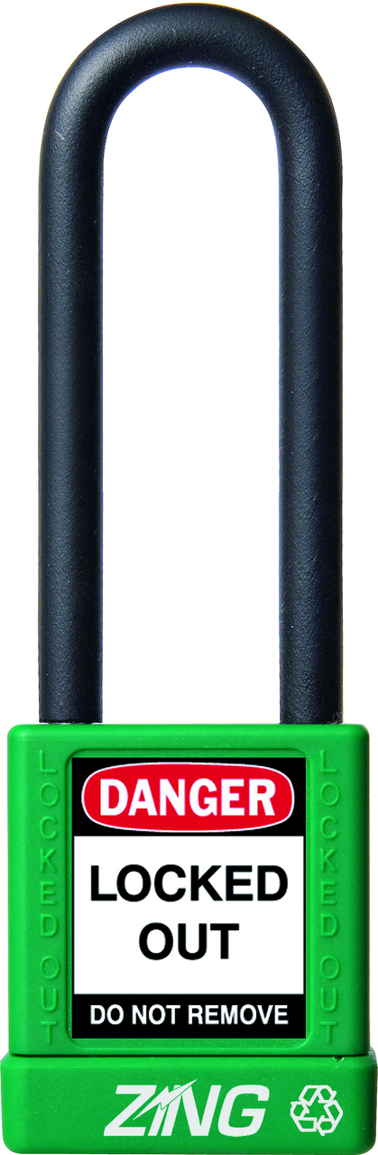 ZING RecycLock Safety Padlock, Keyed Alike, 3" Shackle, 1-3/4" Body, Green