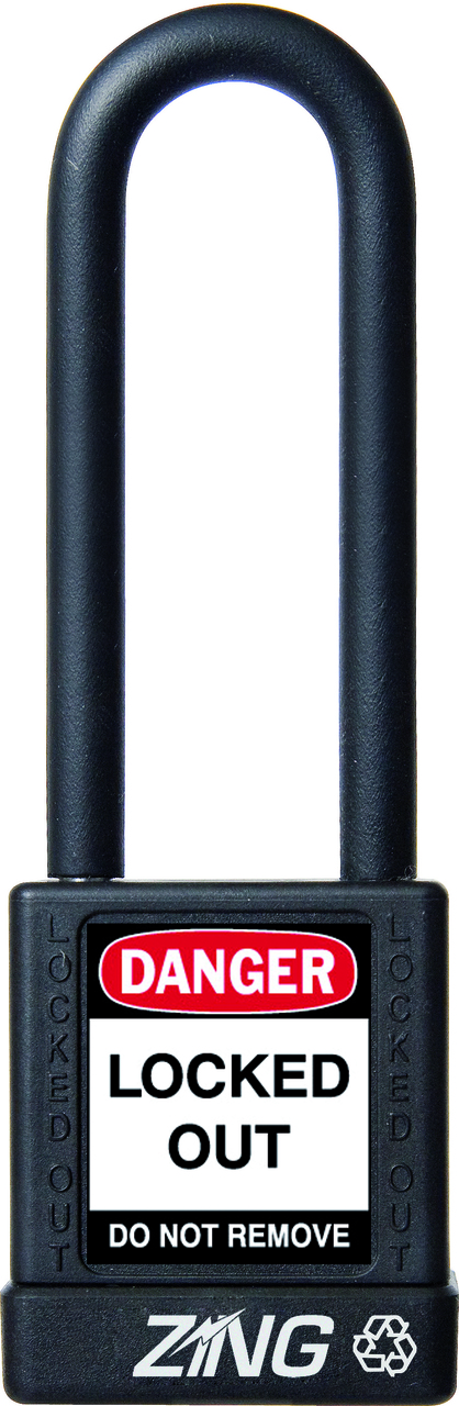 ZING RecycLock Safety Padlock, Keyed Alike, 3" Shackle, 1-3/4" Body, Black