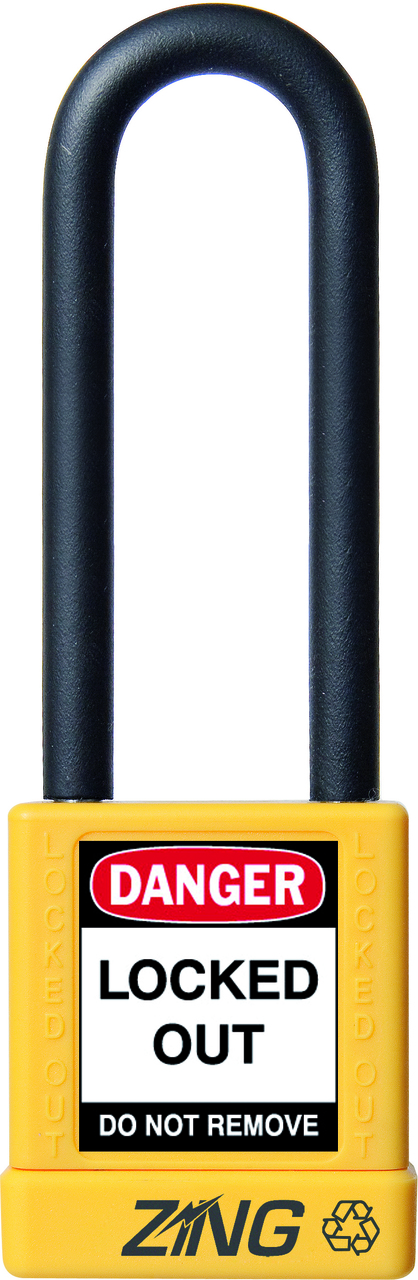 ZING RecycLock Safety Padlock, Keyed Alike, 3" Shackle, 1-3/4" Body, Yellow