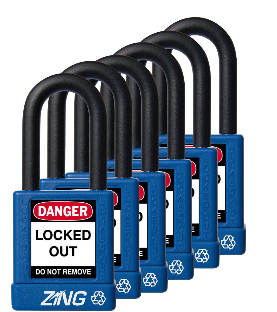 ZING RecycLock Safety Padlock, Keyed Alike,1-1/2" Shackle, 1-3/4" Body, Blue, 6 Pack