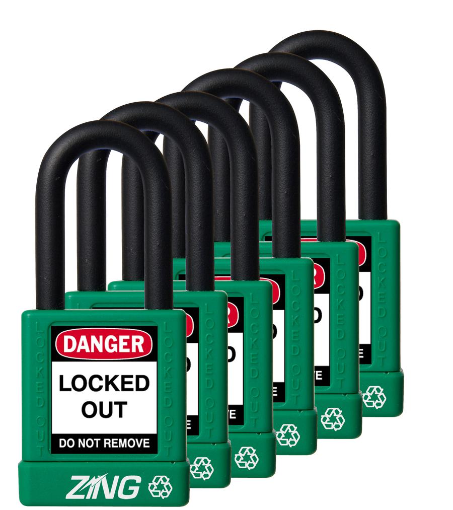 ZING RecycLock Safety Padlock, Keyed Alike,1-1/2" Shackle, 1-3/4" Body, Green, 6 Pack