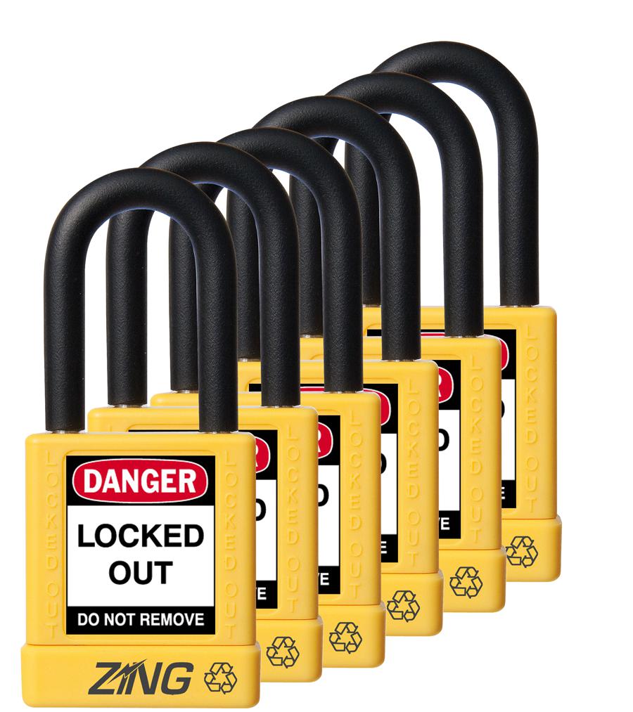 ZING RecycLock Safety Padlock, Keyed Alike,1-1/2" Shackle, 1-3/4" Body, Yellow, 6 Pack