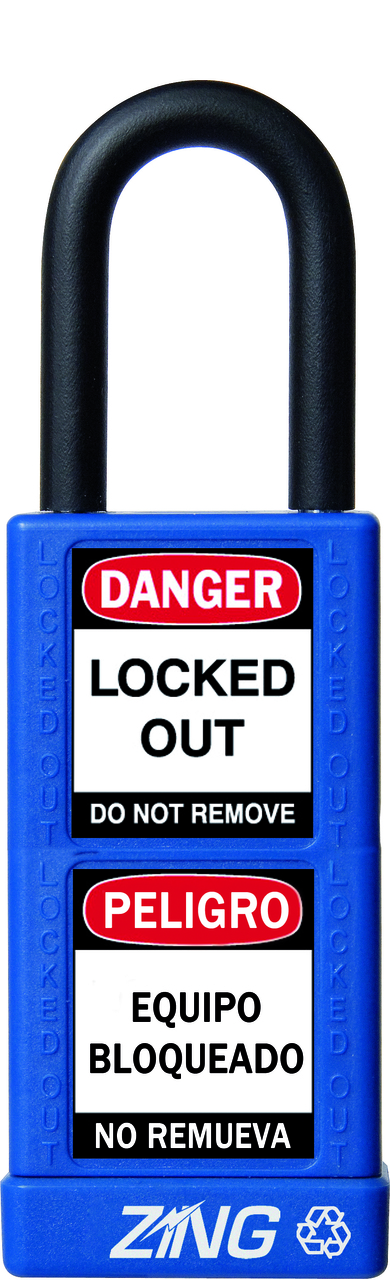 ZING RecycLock Safety Padlock, Keyed Alike, 1-1/2" Shackle, 3" Long Body, Blue