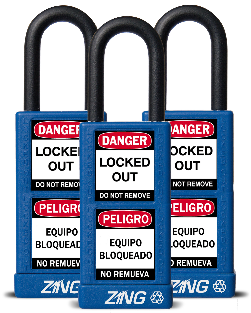 ZING RecycLock Safety Padlock, Keyed Alike,1-1/2" Shackle, 3" Long Body, Blue, 3 Pack