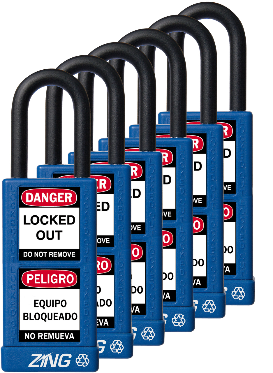 ZING RecycLock Safety Padlock, Keyed Alike,1-1/2" Shackle, 3" Long Body, Blue, 6 Pack