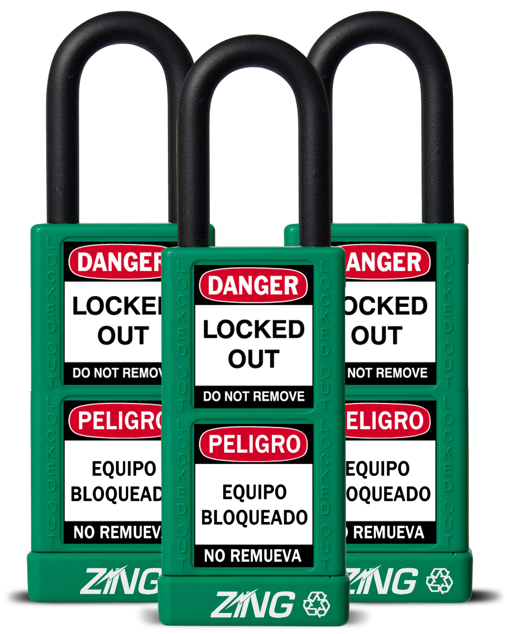 ZING RecycLock Safety Padlock, Keyed Alike,1-1/2" Shackle, 3" Long Body, Green, 3 Pack