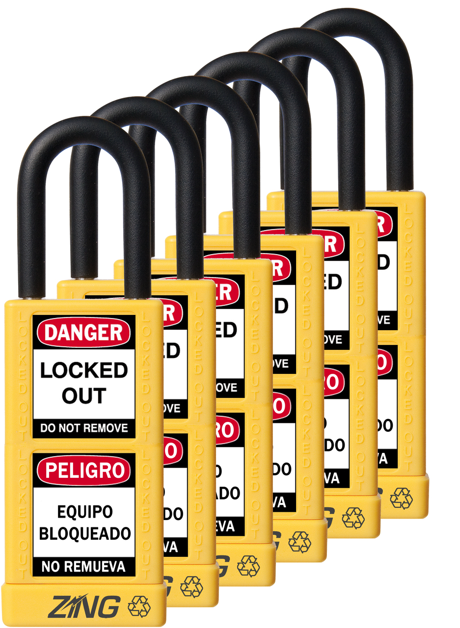 ZING RecycLock Safety Padlock, Keyed Alike,1-1/2" Shackle, 3" Long Body, Yellow, 6 Pack