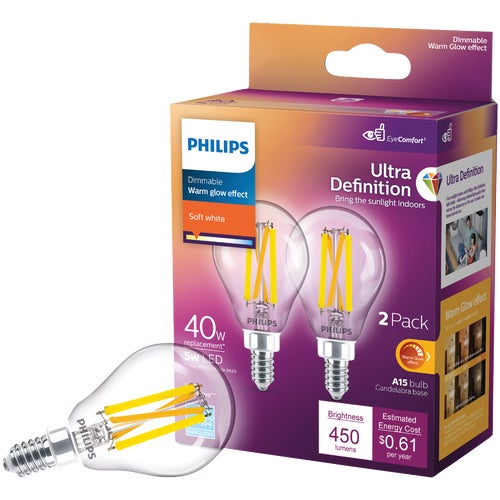 564450 Philips Ultra Definition Warm Glow A15 Candelabra Base LED Light Bulb