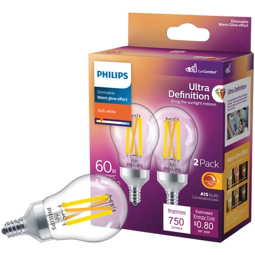 573394 Philips Ultra Definition Warm Glow A15 Candelabra Base LED Light Bulb